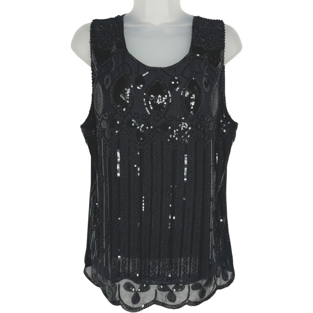 AZI New York Black Beaded Sequin Sheer Mesh Back Sleeveless Top XL Scalloped Hem